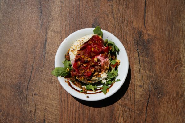 Fresh Burrata, Strawberries, Arugula, Pistachios, White Balsamic Strawberry Vinaigrette, Balsamic Glaze