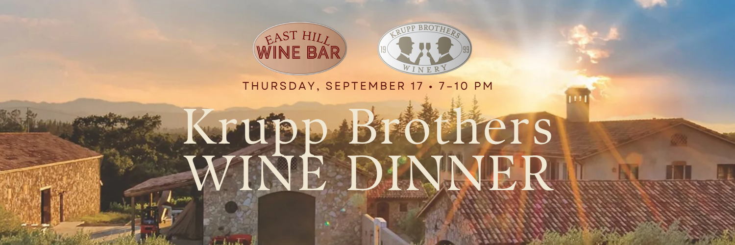 Krupp Brothers Wine Dinner promotional image featuring premium Napa Valley wines and elegant dining ambiance at The Wine Bar.
